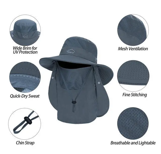 Alt view image 3 of 7 - Fishing Hat for Men, Outdoor 3 in 1 Sun Hat Summer Wide Brim Safari Hat Boonie Hat with Neck Flap Dark Grey