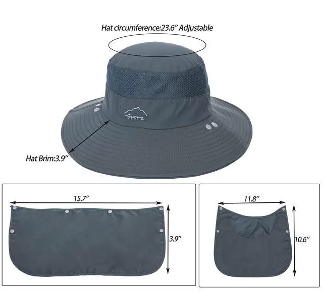 Alt view image 4 of 7 - Fishing Hat for Men, Outdoor 3 in 1 Sun Hat Summer Wide Brim Safari Hat Boonie Hat with Neck Flap Dark Grey