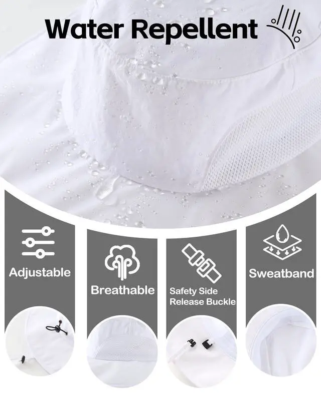 Alt view image 2 of 6 - UPF50+ Mens Sun Hat Wide Brim Fishing Hat Airy Mesh UV Protection Portable Bucket Sun Hat White