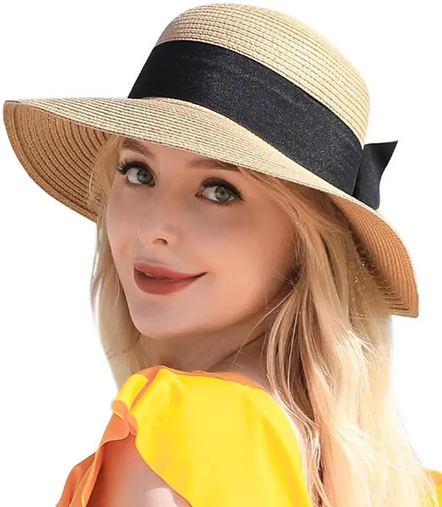 Main image of Beach Sun Hats for Women, Straw Hat for Women UPF 50+ UV Sun Protection Summer Hat Foldable Roll up Cap A-Khaki