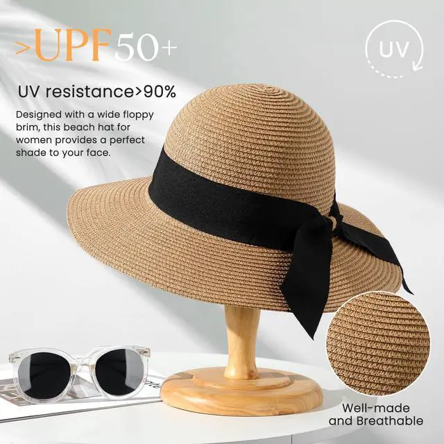 Alt view image 2 of 7 - Beach Sun Hats for Women, Straw Hat for Women UPF 50+ UV Sun Protection Summer Hat Foldable Roll up Cap A-Khaki