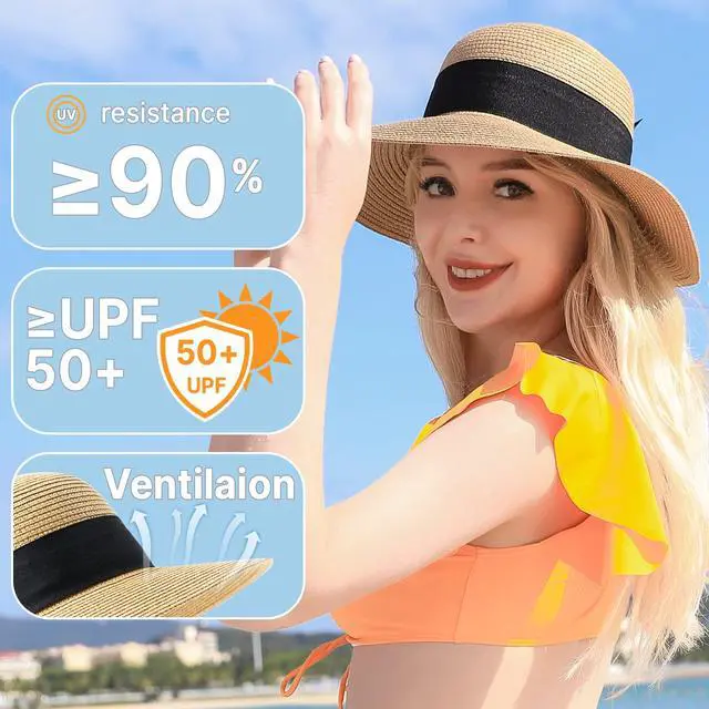 Alt view image 3 of 7 - Beach Sun Hats for Women, Straw Hat for Women UPF 50+ UV Sun Protection Summer Hat Foldable Roll up Cap A-Khaki