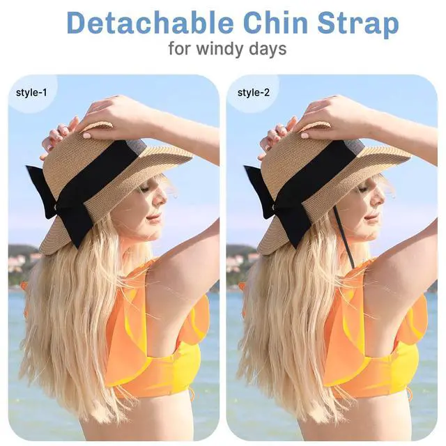 Alt view image 6 of 7 - Beach Sun Hats for Women, Straw Hat for Women UPF 50+ UV Sun Protection Summer Hat Foldable Roll up Cap A-Khaki
