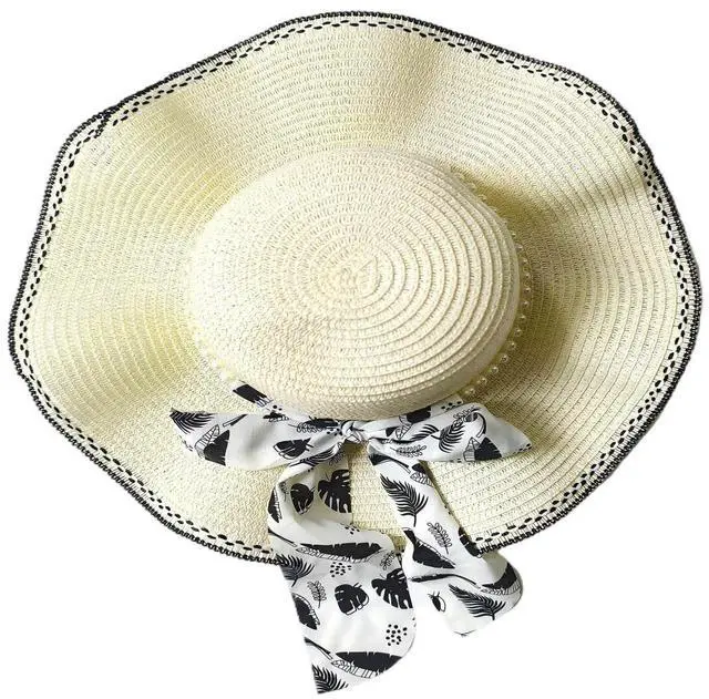 Main image of Women's Beach Wide-Brimmed Sun Shading Straw Hat UPF 80+ Sunscreen Sun Hat with Wind Lanyard Summer UV White