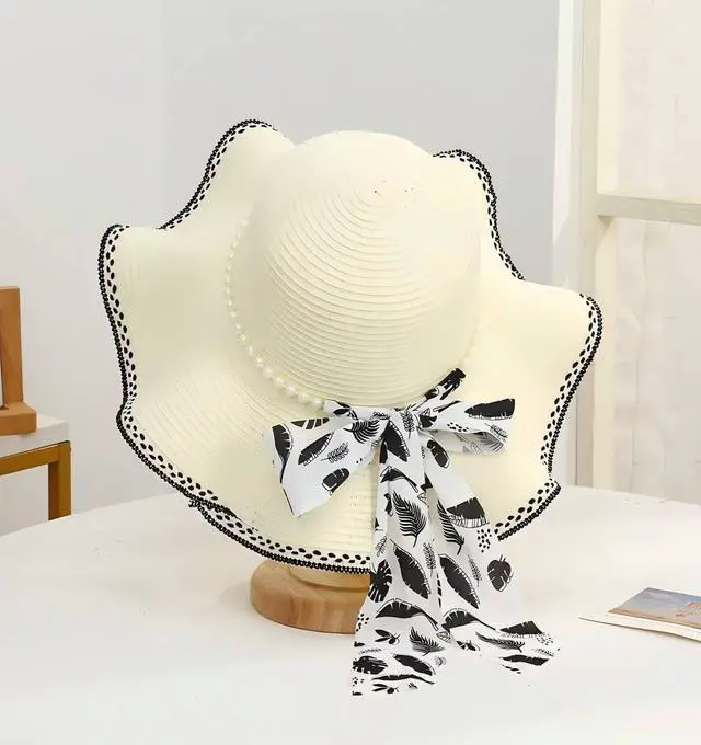 Alt view image 4 of 4 - Women's Beach Wide-Brimmed Sun Shading Straw Hat UPF 80+ Sunscreen Sun Hat with Wind Lanyard Summer UV White