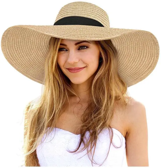 Main image of sun Hats for Women Oversize Wide Brim Straw Beach Hat Floppy Foldable Roll-Up Summer Vacation UPF 50+ Beige Khaki