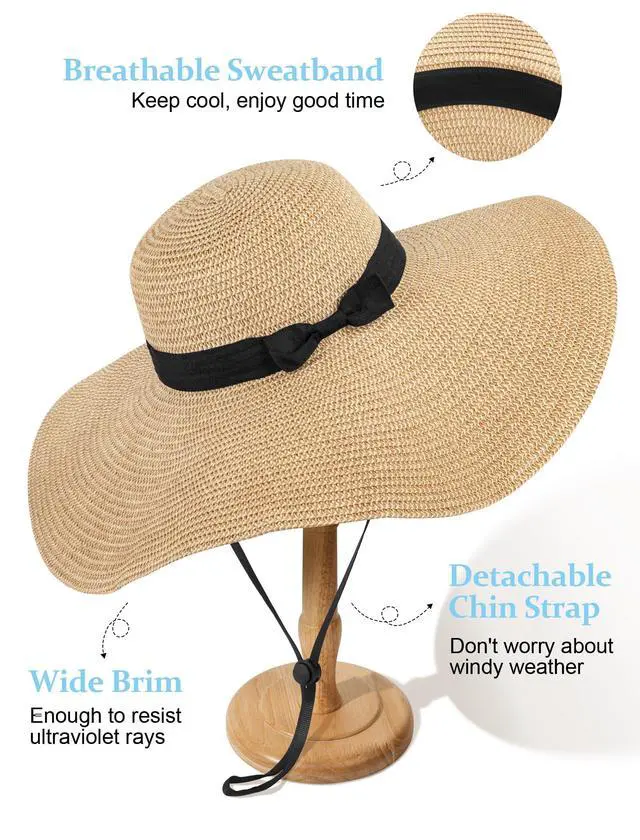 Alt view image 2 of 6 - sun Hats for Women Oversize Wide Brim Straw Beach Hat Floppy Foldable Roll-Up Summer Vacation UPF 50+ Beige Khaki