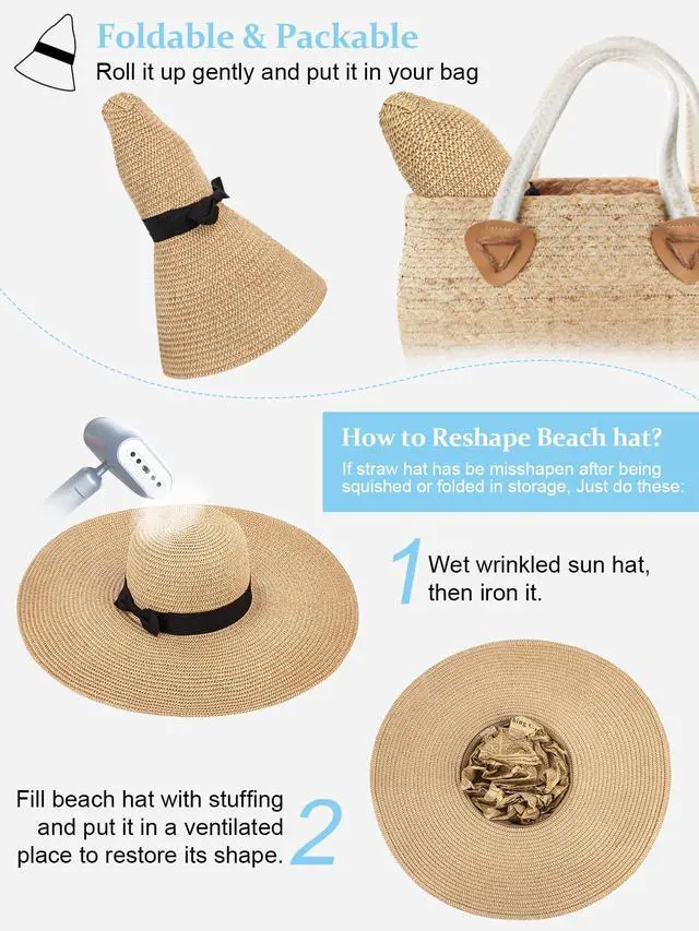 Alt view image 3 of 6 - sun Hats for Women Oversize Wide Brim Straw Beach Hat Floppy Foldable Roll-Up Summer Vacation UPF 50+ Beige Khaki