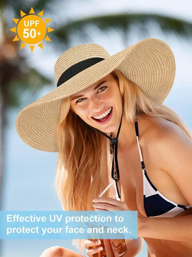Alt view image 5 of 6 - sun Hats for Women Oversize Wide Brim Straw Beach Hat Floppy Foldable Roll-Up Summer Vacation UPF 50+ Beige Khaki