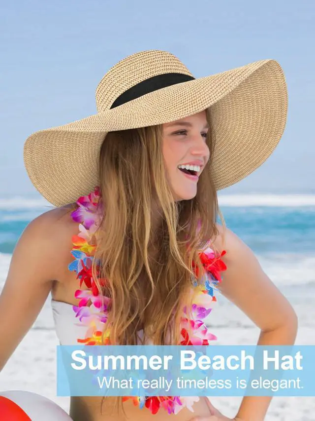 Alt view image 6 of 6 - sun Hats for Women Oversize Wide Brim Straw Beach Hat Floppy Foldable Roll-Up Summer Vacation UPF 50+ Beige Khaki
