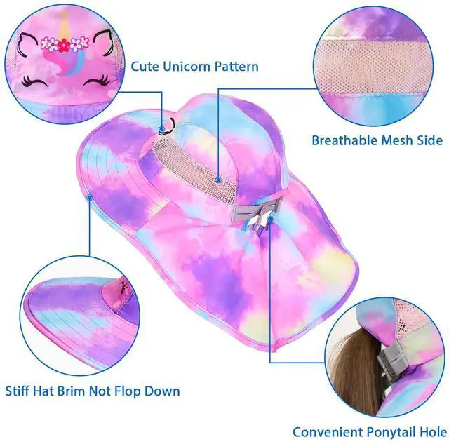 Alt view image 3 of 6 - Kids Sun Hat UV Protection Summer Beach Play Hats Wide Brim Neck Flap for Girls Boys 2-9 Years, Purple Aqua Tie Dye