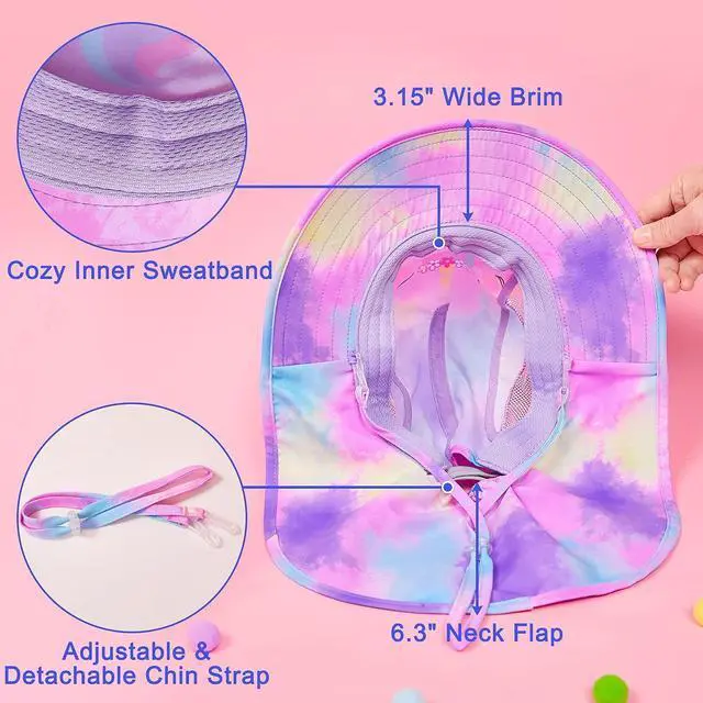 Alt view image 4 of 6 - Kids Sun Hat UV Protection Summer Beach Play Hats Wide Brim Neck Flap for Girls Boys 2-9 Years, Purple Aqua Tie Dye