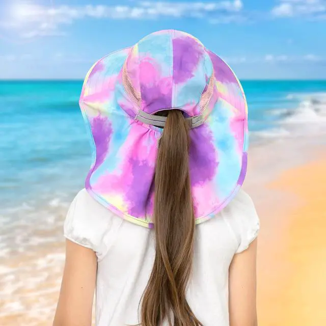 Alt view image 5 of 6 - Kids Sun Hat UV Protection Summer Beach Play Hats Wide Brim Neck Flap for Girls Boys 2-9 Years, Purple Aqua Tie Dye