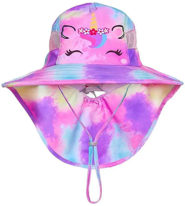 Alt view image 6 of 6 - Kids Sun Hat UV Protection Summer Beach Play Hats Wide Brim Neck Flap for Girls Boys 2-9 Years, Purple Aqua Tie Dye