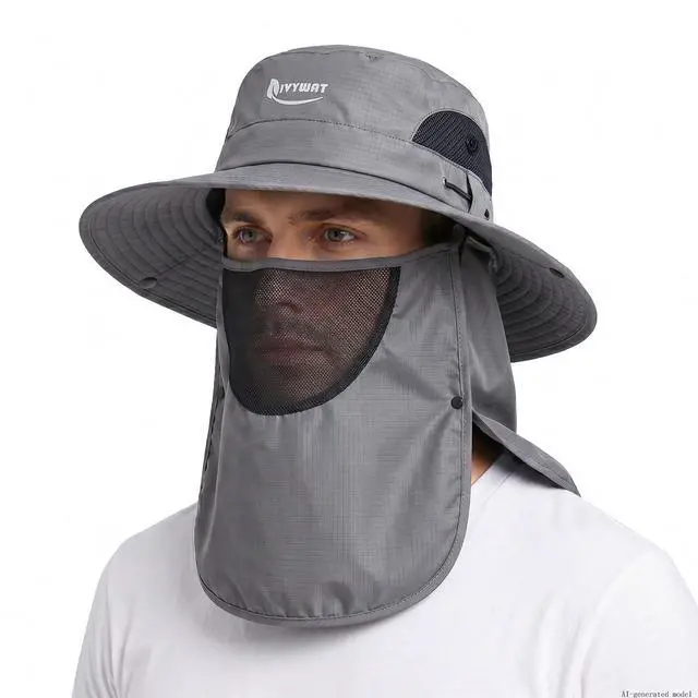 Main image of Wide Brim Fishing Hat, UV Protection Bucket Sun Hats with Removable Face Cover & Neck Flap, Waterproof Packable Hiking Hat for Men Women, Dark Gray