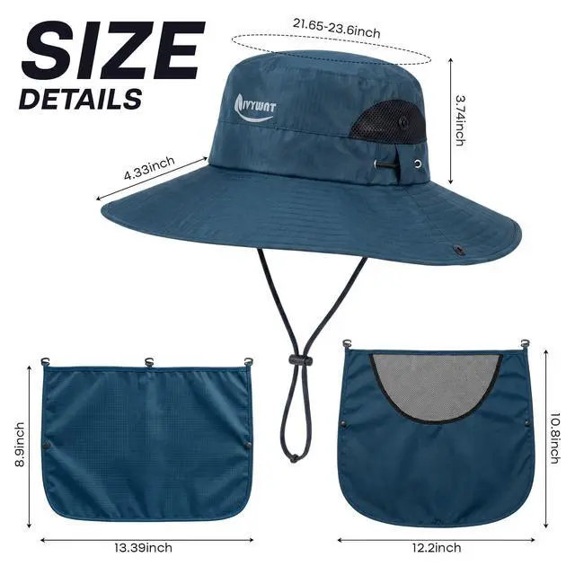 Alt view image 2 of 6 - Wide Brim Fishing Hat, UV Protection Bucket Sun Hats with Removable Face Cover & Neck Flap, Waterproof Packable Hiking Hat for Men Women, Dark Gray