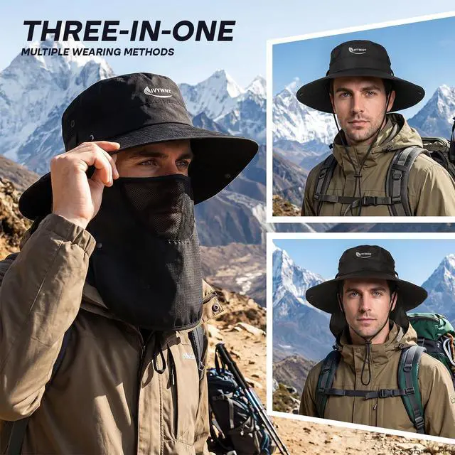 Alt view image 3 of 6 - Wide Brim Fishing Hat, UV Protection Bucket Sun Hats with Removable Face Cover & Neck Flap, Waterproof Packable Hiking Hat for Men Women, Dark Gray