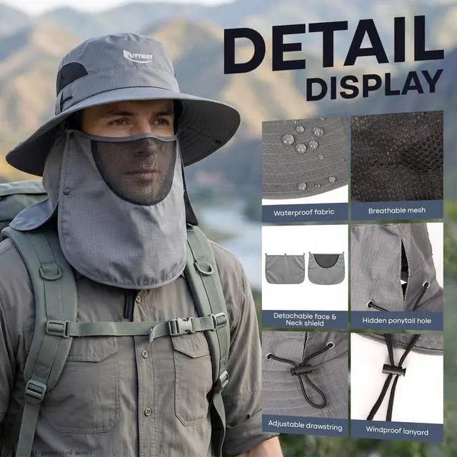 Alt view image 4 of 6 - Wide Brim Fishing Hat, UV Protection Bucket Sun Hats with Removable Face Cover & Neck Flap, Waterproof Packable Hiking Hat for Men Women, Dark Gray