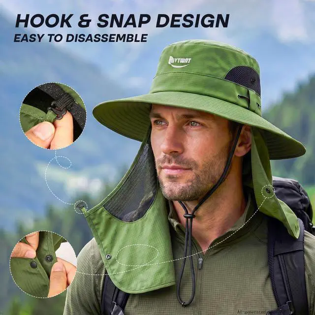 Alt view image 5 of 6 - Wide Brim Fishing Hat, UV Protection Bucket Sun Hats with Removable Face Cover & Neck Flap, Waterproof Packable Hiking Hat for Men Women, Dark Gray