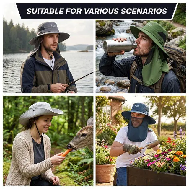 Alt view image 6 of 6 - Wide Brim Fishing Hat, UV Protection Bucket Sun Hats with Removable Face Cover & Neck Flap, Waterproof Packable Hiking Hat for Men Women, Dark Gray