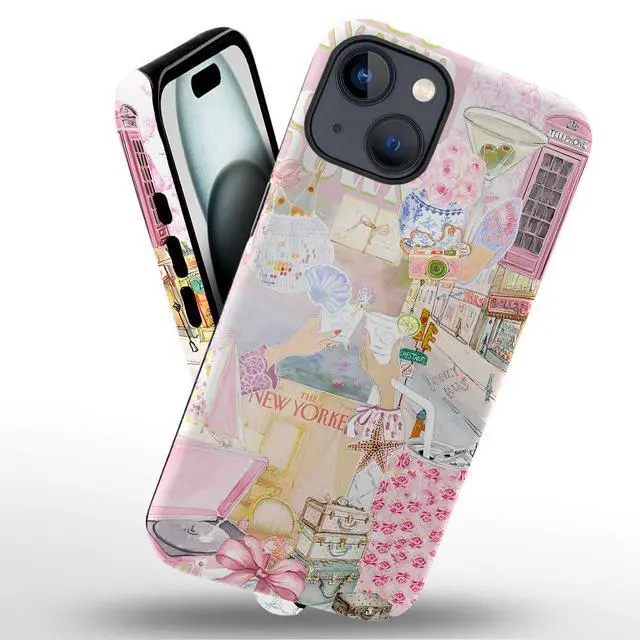 Alt view image 2 of 7 - Case Compatible with iPhone 14,Scratch Resistant Hybrid 2-Layer Hard Shell Phone Case,Pink Vintage Aesthetic Collage