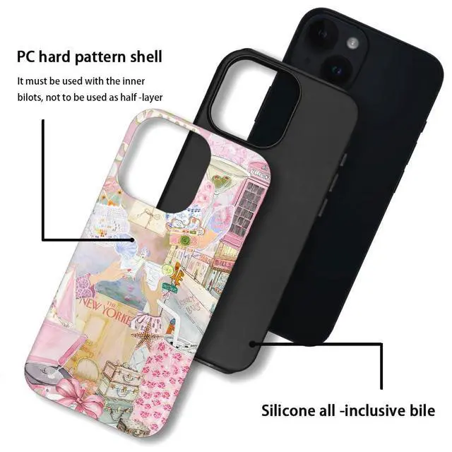 Alt view image 3 of 7 - Case Compatible with iPhone 14,Scratch Resistant Hybrid 2-Layer Hard Shell Phone Case,Pink Vintage Aesthetic Collage