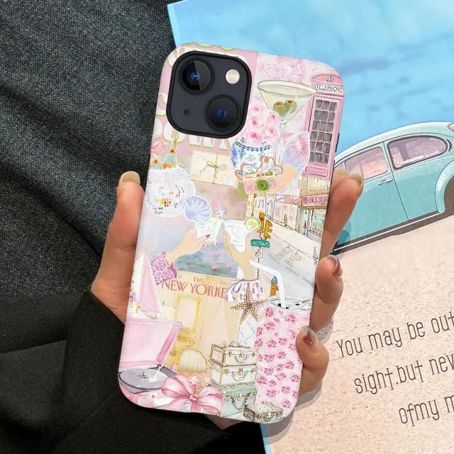 Alt view image 5 of 7 - Case Compatible with iPhone 14,Scratch Resistant Hybrid 2-Layer Hard Shell Phone Case,Pink Vintage Aesthetic Collage
