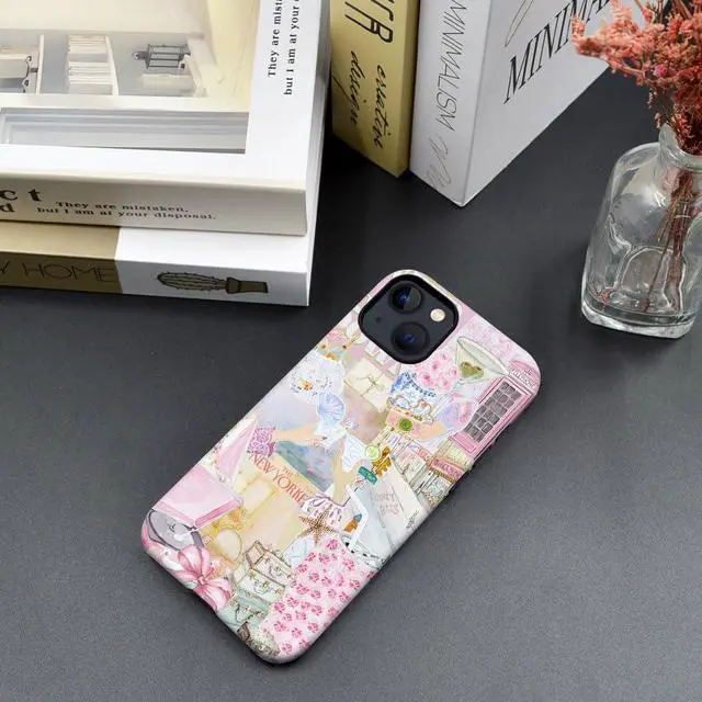 Alt view image 4 of 7 - Case Compatible with iPhone 14,Scratch Resistant Hybrid 2-Layer Hard Shell Phone Case,Pink Vintage Aesthetic Collage
