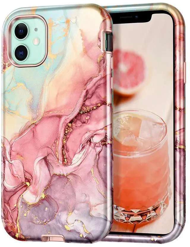 Main image of Compatible with iPhone 11 Case,Marble Pattern 3 in 1 Heavy Duty Shockproof Full Body Rugged Hard PC+Soft Silicone Drop Protective Women Girls Cover for iPhone 11 6.1 inch, Rose Gold
