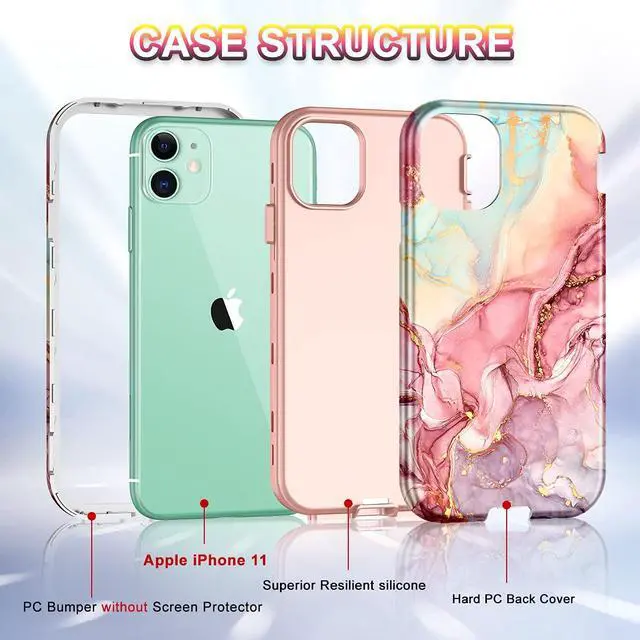 Alt view image 3 of 7 - Compatible with iPhone 11 Case,Marble Pattern 3 in 1 Heavy Duty Shockproof Full Body Rugged Hard PC+Soft Silicone Drop Protective Women Girls Cover for iPhone 11 6.1 inch, Rose Gold