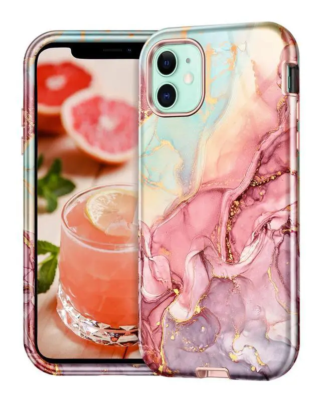 Alt view image 2 of 7 - Compatible with iPhone 11 Case,Marble Pattern 3 in 1 Heavy Duty Shockproof Full Body Rugged Hard PC+Soft Silicone Drop Protective Women Girls Cover for iPhone 11 6.1 inch, Rose Gold