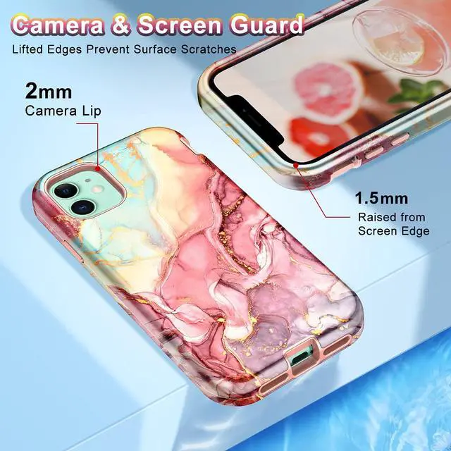 Alt view image 4 of 7 - Compatible with iPhone 11 Case,Marble Pattern 3 in 1 Heavy Duty Shockproof Full Body Rugged Hard PC+Soft Silicone Drop Protective Women Girls Cover for iPhone 11 6.1 inch, Rose Gold