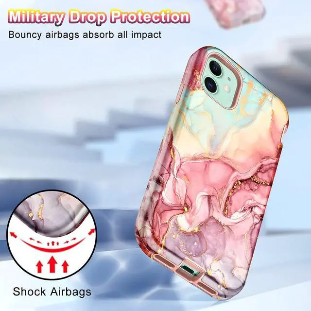 Alt view image 5 of 7 - Compatible with iPhone 11 Case,Marble Pattern 3 in 1 Heavy Duty Shockproof Full Body Rugged Hard PC+Soft Silicone Drop Protective Women Girls Cover for iPhone 11 6.1 inch, Rose Gold