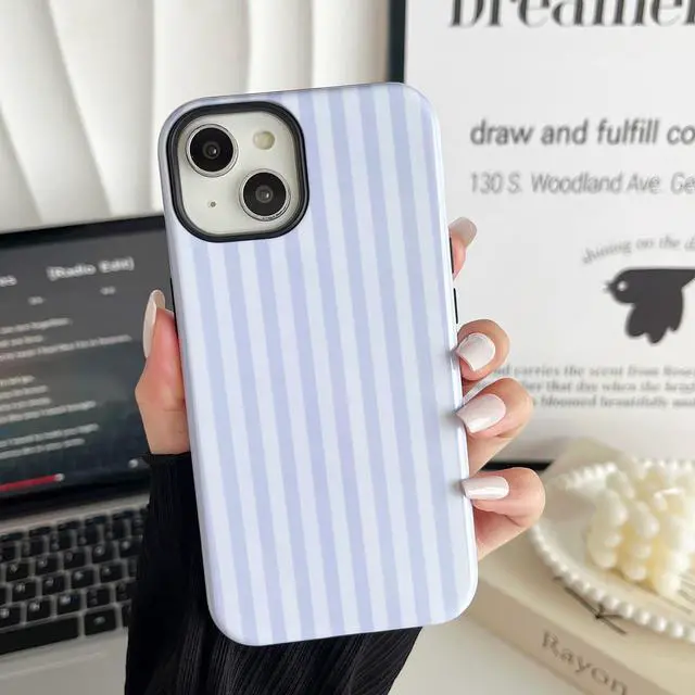 Alt view image 3 of 7 - Compatible with iPhone 13/14 Case, Cute Fashion Aesthetic Striped Pattern Cover for Women, Shockproof Soft TPU and Hard PC Protective Phone Case for iPhone 13/14 6.1"- White