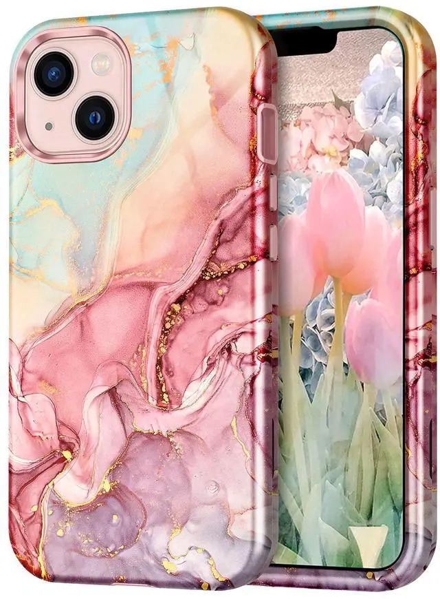 Main image of Compatible with iPhone 13 Case, Marble Pattern 3 in 1 Heavy Duty Shockproof Full Body Rugged Hard PC+Soft Silicone Drop Protective Girls Women Cover for iPhone 13 6.1 inch 2021, Rose Gold
