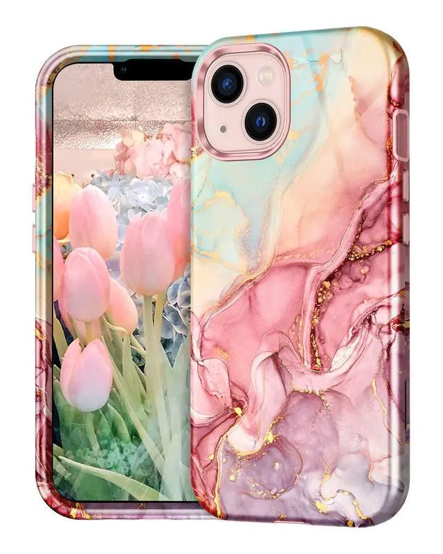 Alt view image 2 of 7 - Compatible with iPhone 13 Case, Marble Pattern 3 in 1 Heavy Duty Shockproof Full Body Rugged Hard PC+Soft Silicone Drop Protective Girls Women Cover for iPhone 13 6.1 inch 2021, Rose Gold
