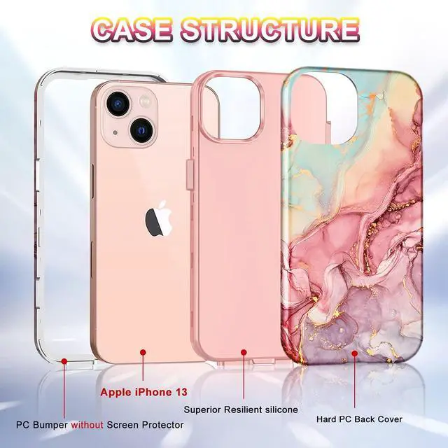 Alt view image 3 of 7 - Compatible with iPhone 13 Case, Marble Pattern 3 in 1 Heavy Duty Shockproof Full Body Rugged Hard PC+Soft Silicone Drop Protective Girls Women Cover for iPhone 13 6.1 inch 2021, Rose Gold