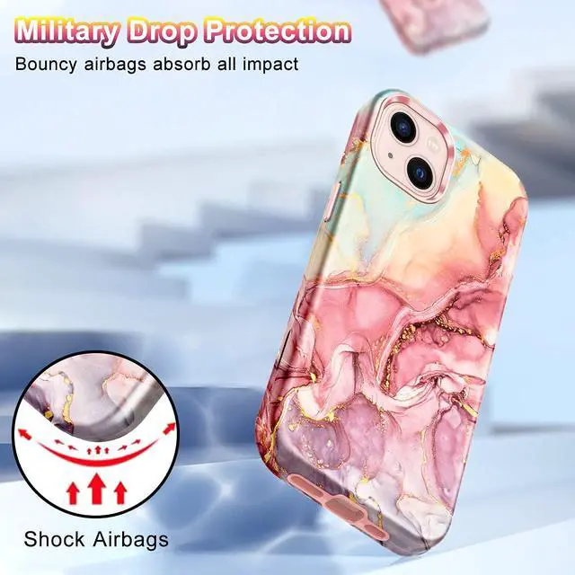 Alt view image 5 of 7 - Compatible with iPhone 13 Case, Marble Pattern 3 in 1 Heavy Duty Shockproof Full Body Rugged Hard PC+Soft Silicone Drop Protective Girls Women Cover for iPhone 13 6.1 inch 2021, Rose Gold