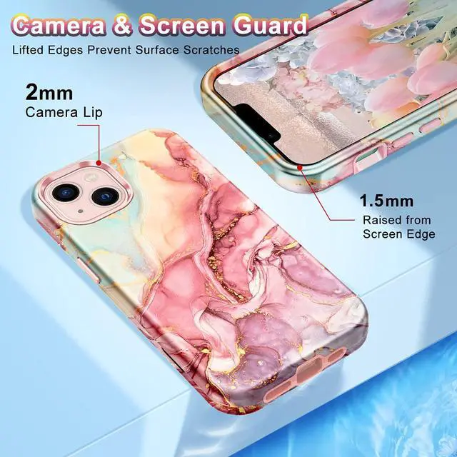 Alt view image 4 of 7 - Compatible with iPhone 13 Case, Marble Pattern 3 in 1 Heavy Duty Shockproof Full Body Rugged Hard PC+Soft Silicone Drop Protective Girls Women Cover for iPhone 13 6.1 inch 2021, Rose Gold