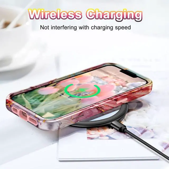 Alt view image 6 of 7 - Compatible with iPhone 13 Case, Marble Pattern 3 in 1 Heavy Duty Shockproof Full Body Rugged Hard PC+Soft Silicone Drop Protective Girls Women Cover for iPhone 13 6.1 inch 2021, Rose Gold