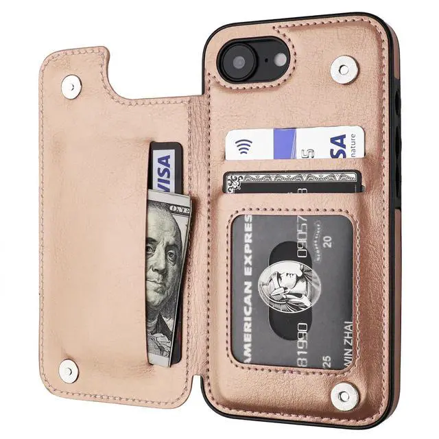 Main image of Compatible with iPhone 17e/16e Wallet Case with Card Holder, PU Leather Kickstand Card Slots Case, Double Magnetic Clasp and Durable Shockproof Cover 6.1 Inch (Rose Gold)