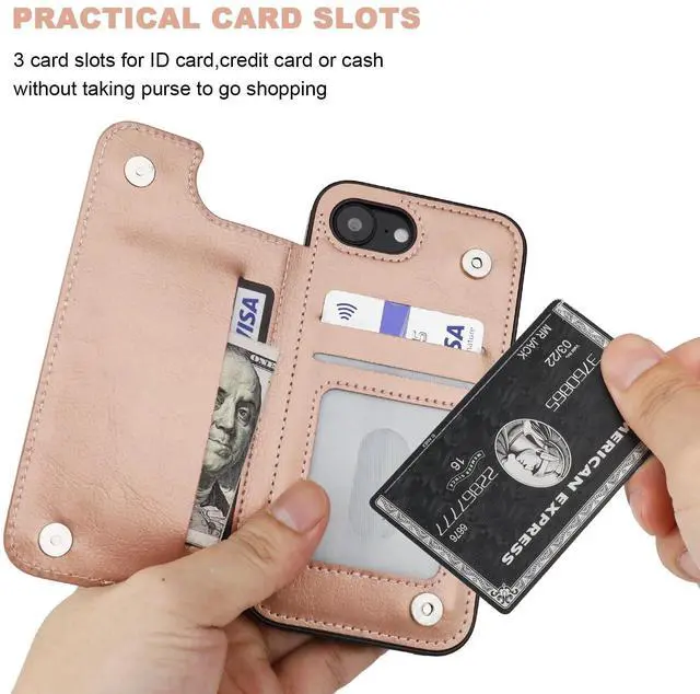 Alt view image 4 of 7 - Compatible with iPhone 17e/16e Wallet Case with Card Holder, PU Leather Kickstand Card Slots Case, Double Magnetic Clasp and Durable Shockproof Cover 6.1 Inch (Rose Gold)