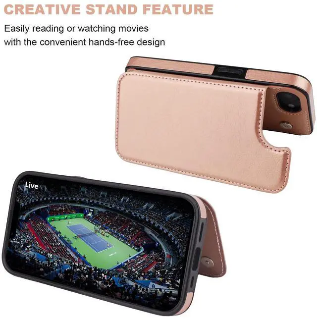 Alt view image 5 of 7 - Compatible with iPhone 17e/16e Wallet Case with Card Holder, PU Leather Kickstand Card Slots Case, Double Magnetic Clasp and Durable Shockproof Cover 6.1 Inch (Rose Gold)