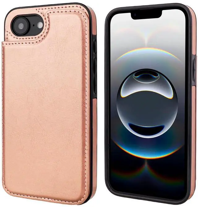 Alt view image 3 of 7 - Compatible with iPhone 17e/16e Wallet Case with Card Holder, PU Leather Kickstand Card Slots Case, Double Magnetic Clasp and Durable Shockproof Cover 6.1 Inch (Rose Gold)