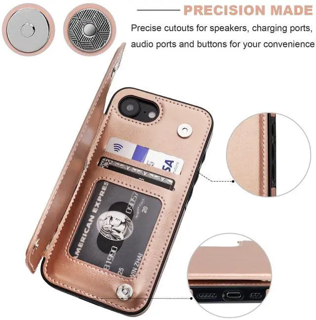 Alt view image 7 of 7 - Compatible with iPhone 17e/16e Wallet Case with Card Holder, PU Leather Kickstand Card Slots Case, Double Magnetic Clasp and Durable Shockproof Cover 6.1 Inch (Rose Gold)