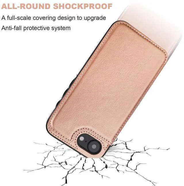 Alt view image 6 of 7 - Compatible with iPhone 17e/16e Wallet Case with Card Holder, PU Leather Kickstand Card Slots Case, Double Magnetic Clasp and Durable Shockproof Cover 6.1 Inch (Rose Gold)