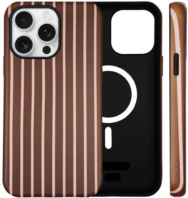 Main image of for iPhone 13/14 Case Cute Striped Phone Case Compatible with MagSafe, Dual-Layer Shock Protection(Hard PC + Silicone) - Aesthetic Protective Phone Cover for Women Girl, Brown