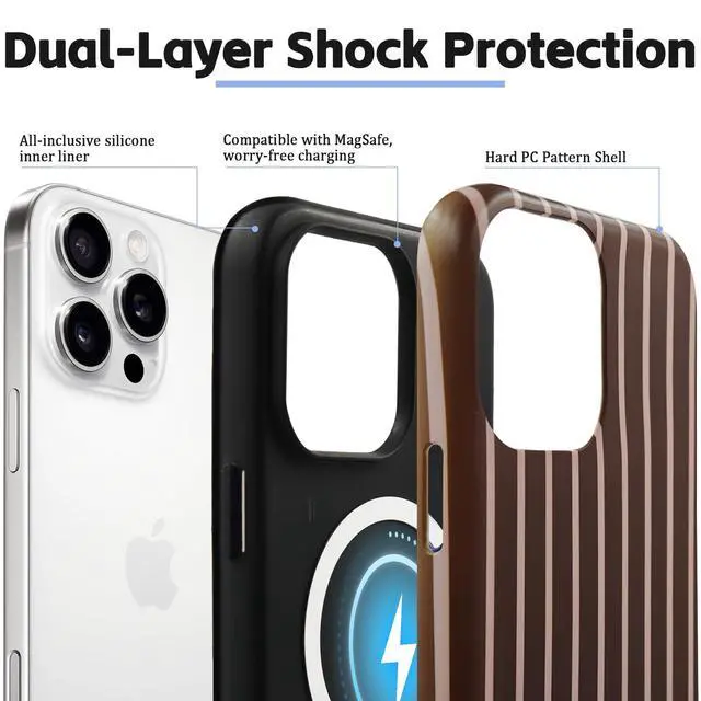Alt view image 2 of 7 - for iPhone 13/14 Case Cute Striped Phone Case Compatible with MagSafe, Dual-Layer Shock Protection(Hard PC + Silicone) - Aesthetic Protective Phone Cover for Women Girl, Brown