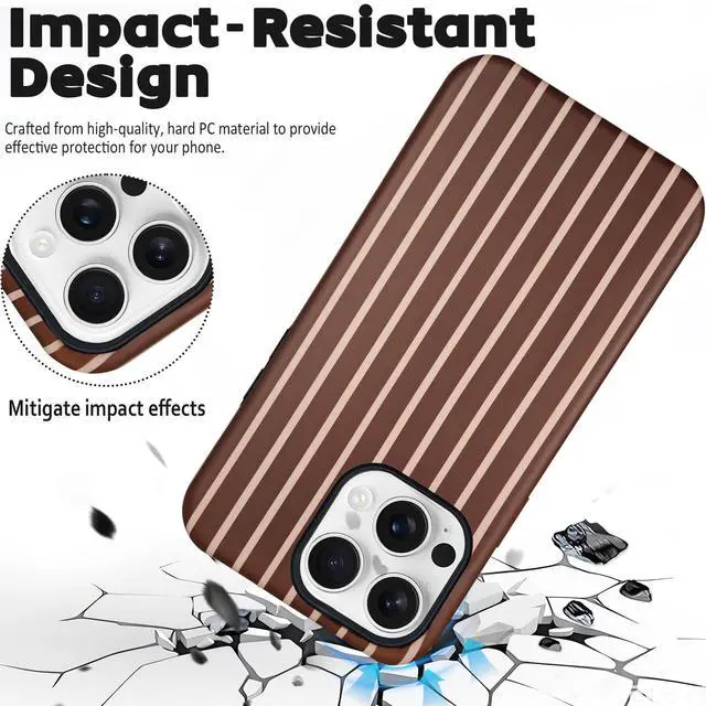 Alt view image 3 of 7 - for iPhone 13/14 Case Cute Striped Phone Case Compatible with MagSafe, Dual-Layer Shock Protection(Hard PC + Silicone) - Aesthetic Protective Phone Cover for Women Girl, Brown