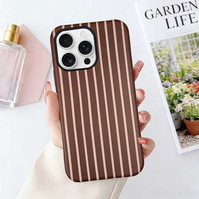 Alt view image 6 of 7 - for iPhone 13/14 Case Cute Striped Phone Case Compatible with MagSafe, Dual-Layer Shock Protection(Hard PC + Silicone) - Aesthetic Protective Phone Cover for Women Girl, Brown